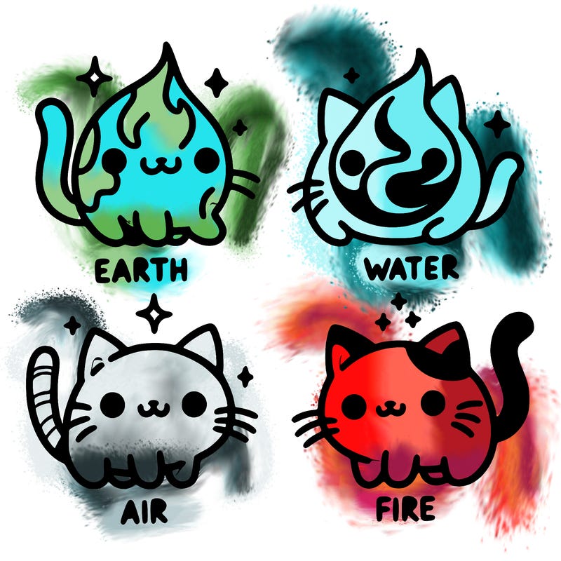 4 cats that represent the different elements, earth, water, air, and fire