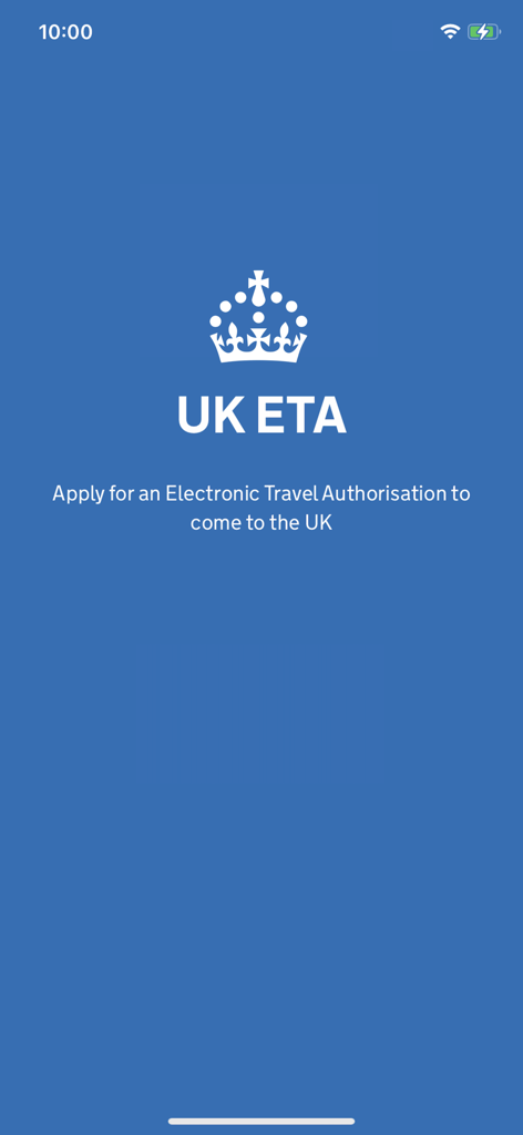 Official UK ETA app splash screen featuring the crown logo and instructions to apply for an Electronic Travel Authorisation