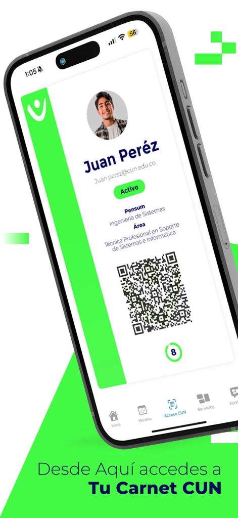Cun 360 - Tarjeta de identificación digital de estudiante con un código QR que se muestra en la interfaz de la aplicación móvil Cun 360.
