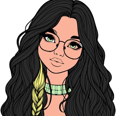 girl with long hair and freckles and glasses realistic