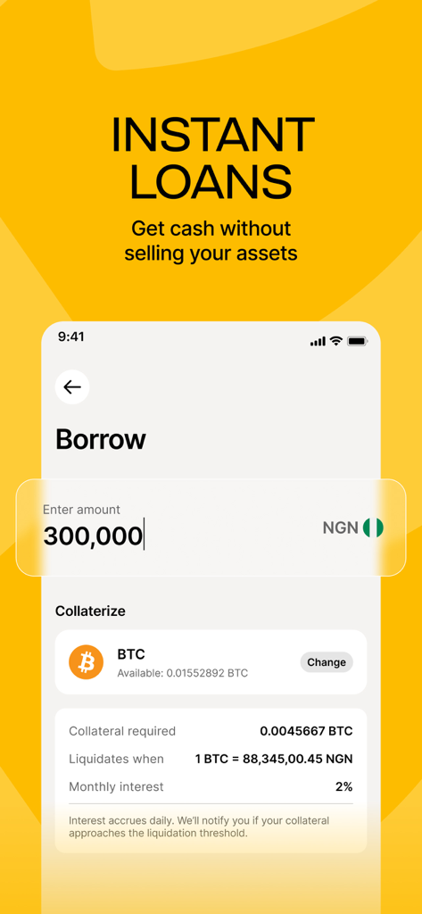 Busha: Trade BTC, ETH, SHIB - Capture d'écran de l'application Busha montrant des prêts instantanés en Naira nigérian utilisant le Bitcoin comme garantie.