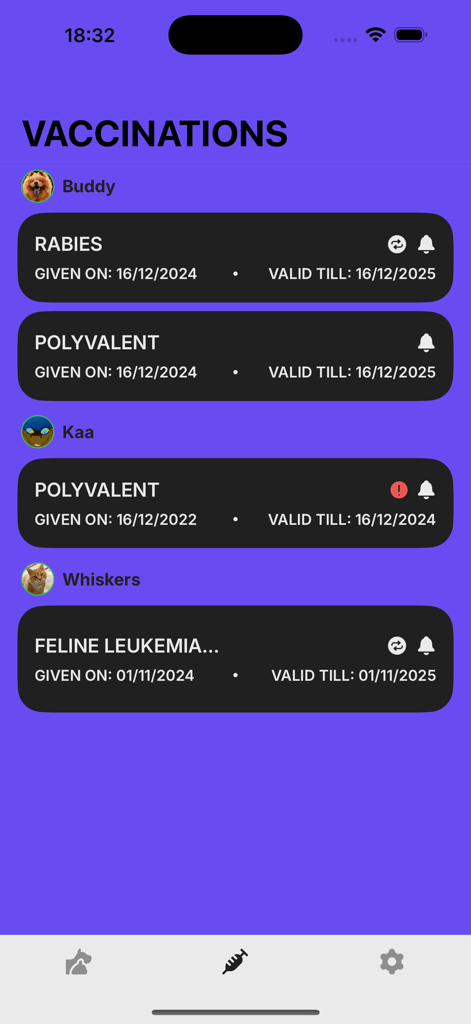 Pet Vaccination Tracker - Dashboard view of the Pet Vaccination Tracker app displaying a list of vaccination schedules and reminders for multiple pets.
