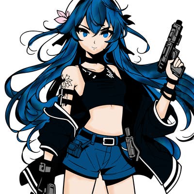 bad girl wearing crop top holding a gun long hair anime