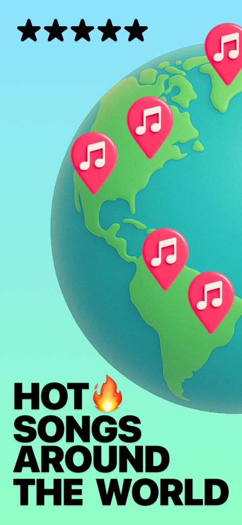 Global Charts: Music Player - 3D globe with musical note pins representing trending songs around the world