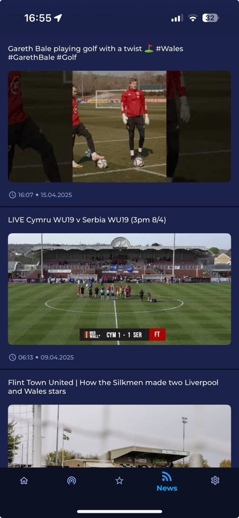 News feed screen of the Cymru Football app displaying Welsh football articles and live match updates