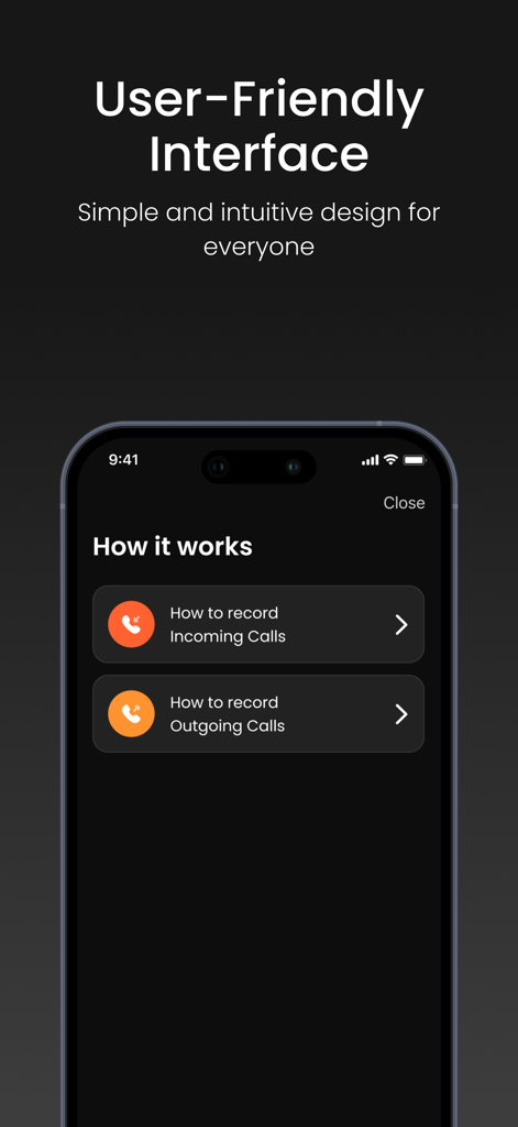 Call Recorder App: Phone Calls - User interface of Call Recorder App showing the How It Works screen with options for recording incoming and outgoing calls.