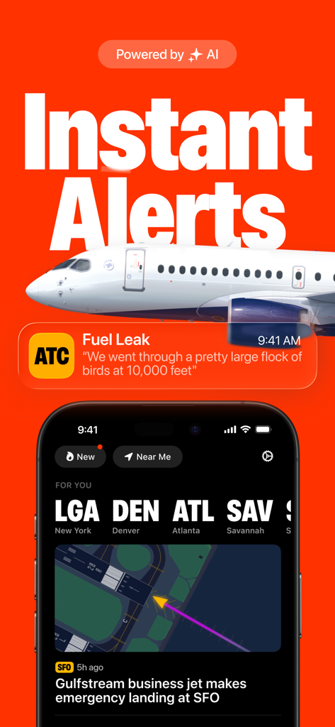 ATC - Live Air Traffic Radio - Écran d'application mobile montrant des alertes d'aviation instantanées alimentées par l'IA et des notifications d'urgence en temps réel.