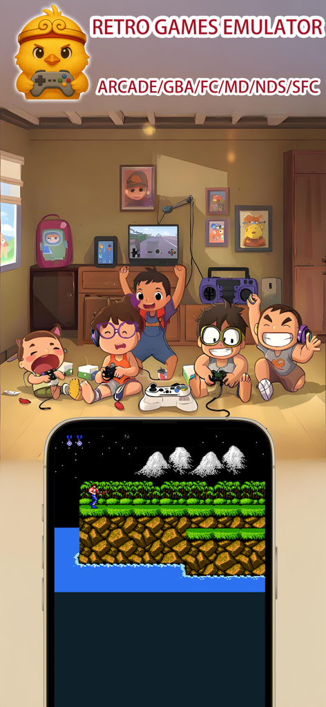 GBA Emulator Pro: Retro Games - An iPhone displaying a retro game with an illustration of kids playing video games in a nostalgic room.