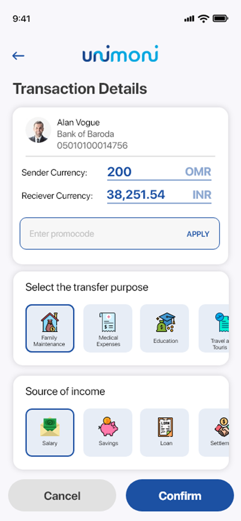 Unimoni Oman app transaction details screen showing remittance from Omani Rial to Indian Rupee for family maintenance