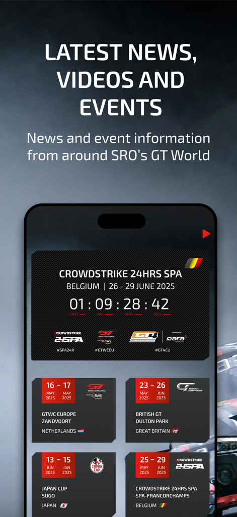 GT World powered by SRO - GT World app screen showing a race countdown for the 24 Hours of Spa and a schedule of global SRO GT racing events