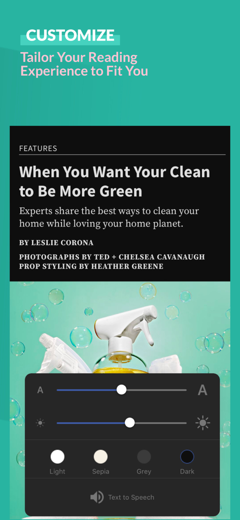 Aplicativo Revista Real Simple mostrando configurações de personalização para tamanho de texto, brilho e temas de cores como sépia e modo escuro