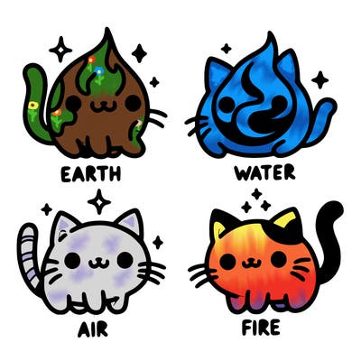 4 cats that represent the different elements, earth, water, air, and fire