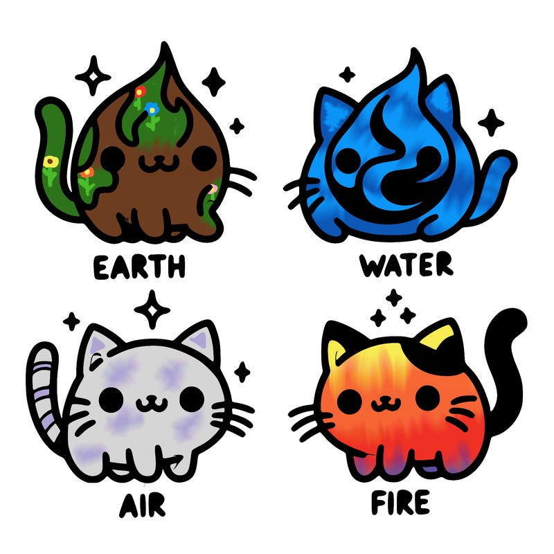 4 cats that represent the different elements, earth, water, air, and fire