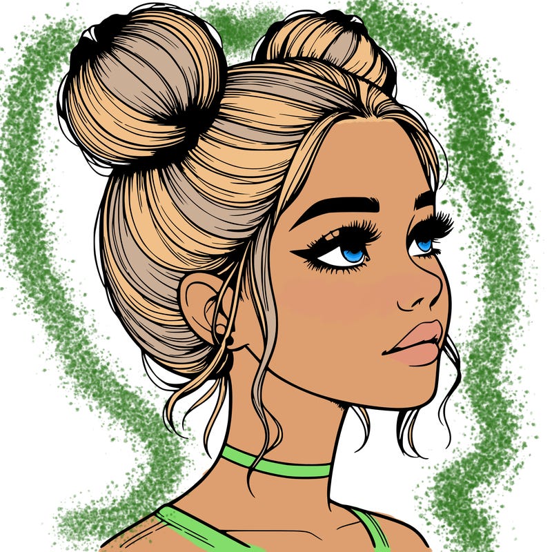 realistic girl with buns on the top of her head