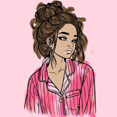 realistic woman with pajamas on and a messy bun