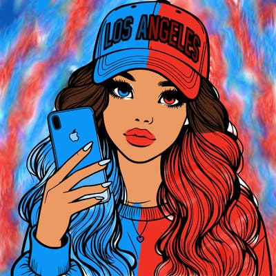 realistic beautiful girl wearing los ángeles cap holding an iphone