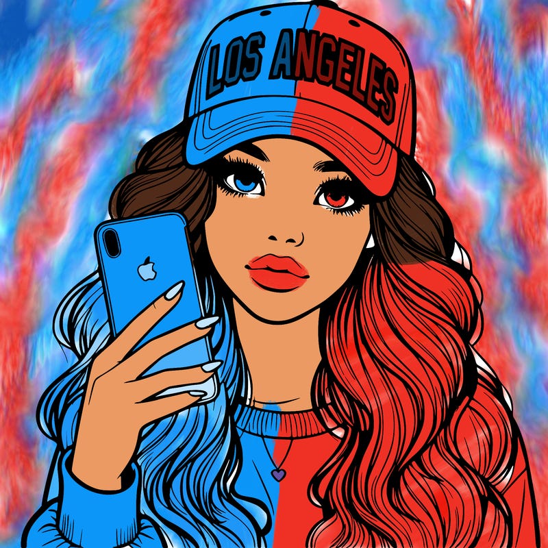 realistic beautiful girl wearing los ángeles cap holding an iphone