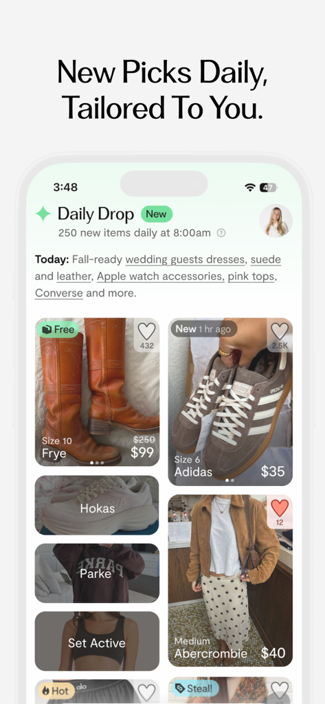 Curtsy: Shop & Sell Top Trends - Curtsyモバイルアプリのインターフェース。トレンドの衣料品やアクセサリーのパーソナライズされたデイリードロップが表示されています。
