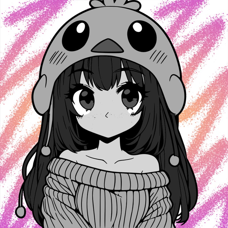 anime girl with chick shaped hat with sweater with bare shoulders with bangs covering them one eye with low tail