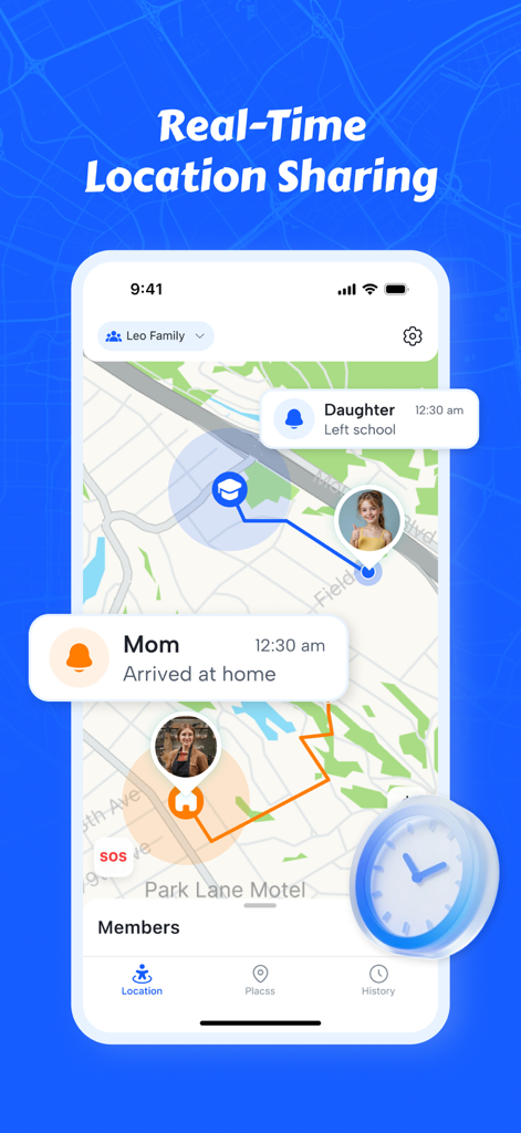 Interface do telefone mostrando rastreamento de localização familiar em tempo real com mapa e notificações de atividades