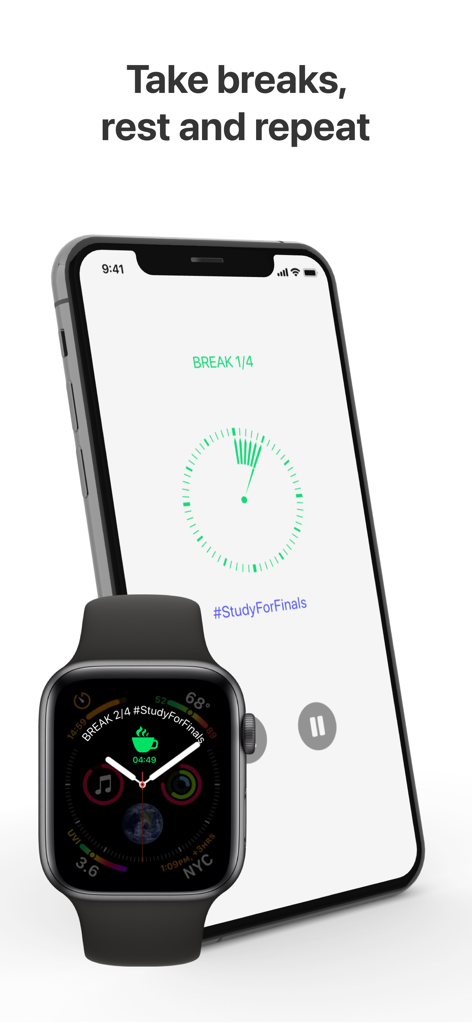 Silo: Focus Timer - Silo Focus Timer app showing a break session on iPhone and Apple Watch