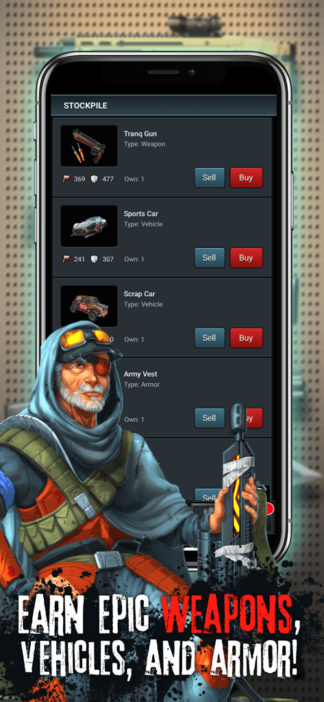 Zombie Slayer: Apocalypse Game - Stockpile screen in Zombie Slayer Apocalypse Game showing available weapons vehicles and armor for players to earn