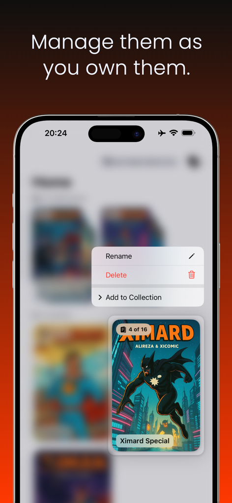 xiComic - Comic & Manga Reader - Smartphone display showing the xiComic app with a menu to rename or delete a comic book