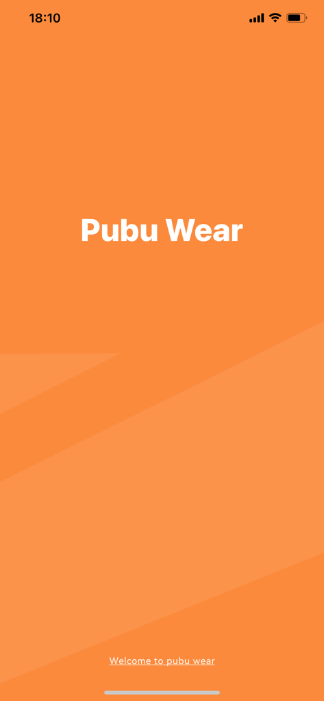 Pubu Wear app splash screen featuring a vibrant orange background with white text.