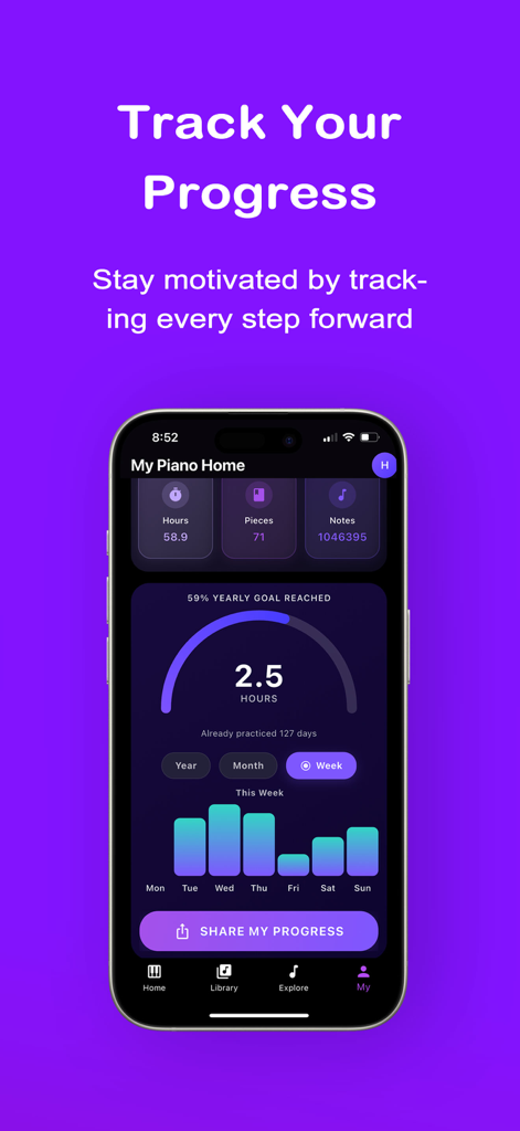 Harmono Piano: Play Any Song - Mobile screen of Harmono Piano showing practice hours and progress charts