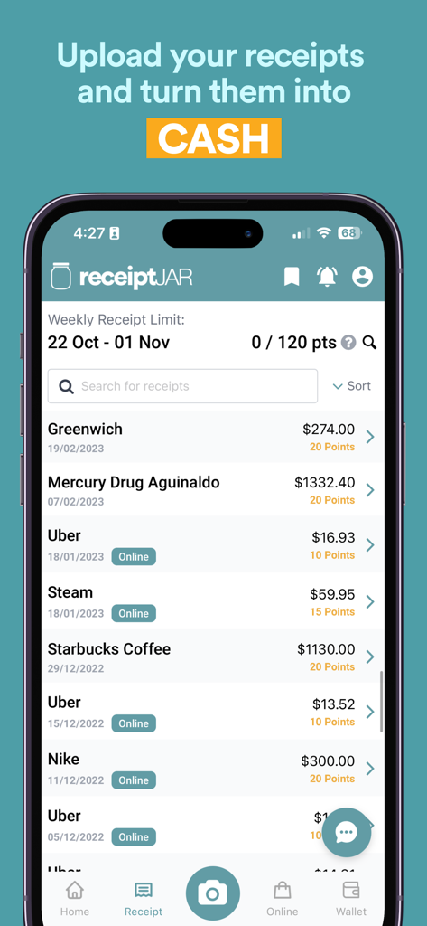 ReceiptJar mobile app interface showing a history of uploaded receipts from various retailers and the points earned for each.
