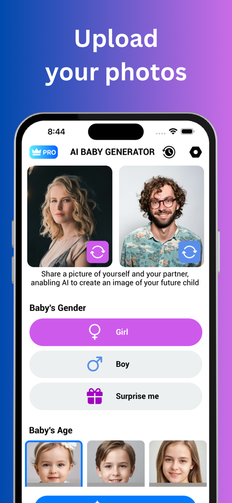 Interfaz de la aplicación Generador de Bebés IA que muestra espacios para subir fotos de los padres y opciones para seleccionar el género y la edad del bebé.