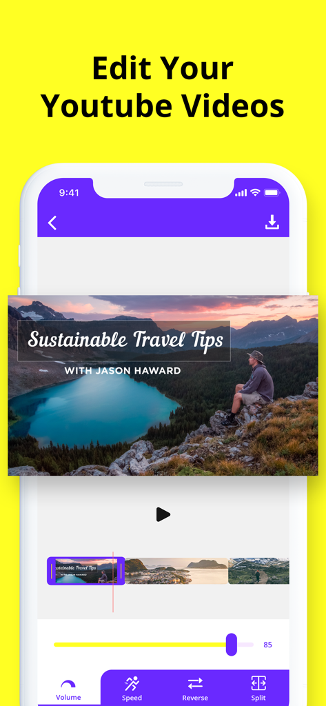 Thumbnail Maker: YT Banner Art - Mobile app interface for editing YouTube videos showing a travel vlog being customized with text and editing tools