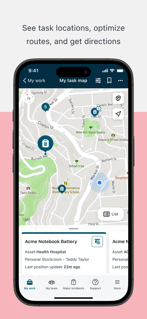 ServiceNow Agent mobile app showing a map with task location pins and field service routing information.