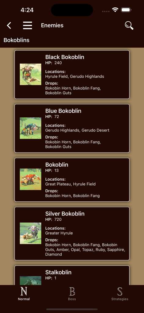 Breath Companion app showing a list of Bokoblin enemies with their HP locations and loot drops