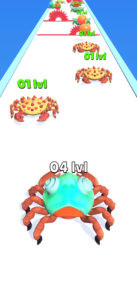 Crab Evolution Run - A level 4 crab navigating a racing track in Crab Evolution Run mobile game