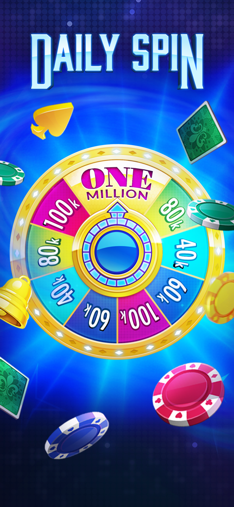 A colorful daily spin prize wheel showing various chip rewards in Jackpot Magic Slots.