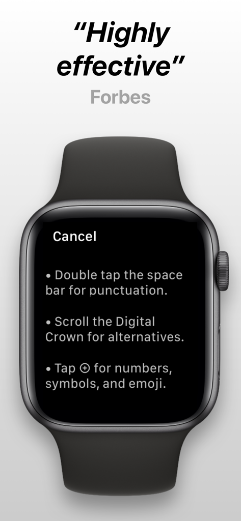 FlickType - Watch Keyboard - An Apple Watch showing FlickType keyboard usage tips and a Forbes review quote stating Highly effective.
