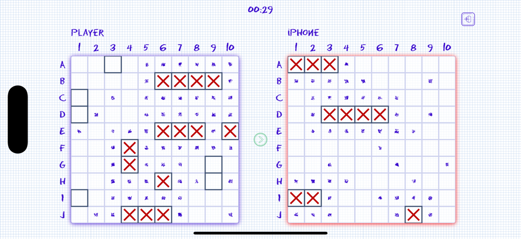 Doodle Sea Battle Online - Una captura de pantalla del juego de Batalla Naval Doodle que muestra dos mapas de cuadrícula dibujados a mano en papel para una partida entre un jugador y la IA del iPhone
