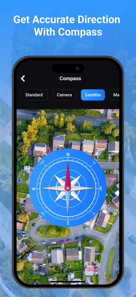 Street View Live Earth Map 3D - A smartphone displaying a digital compass over a satellite map view for accurate navigation.