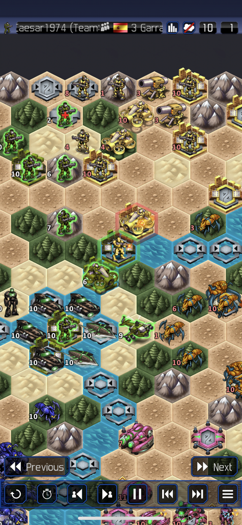 Gameplay screenshot of UniWar showing military units and structures on a hexagonal grid map with various terrain types.
