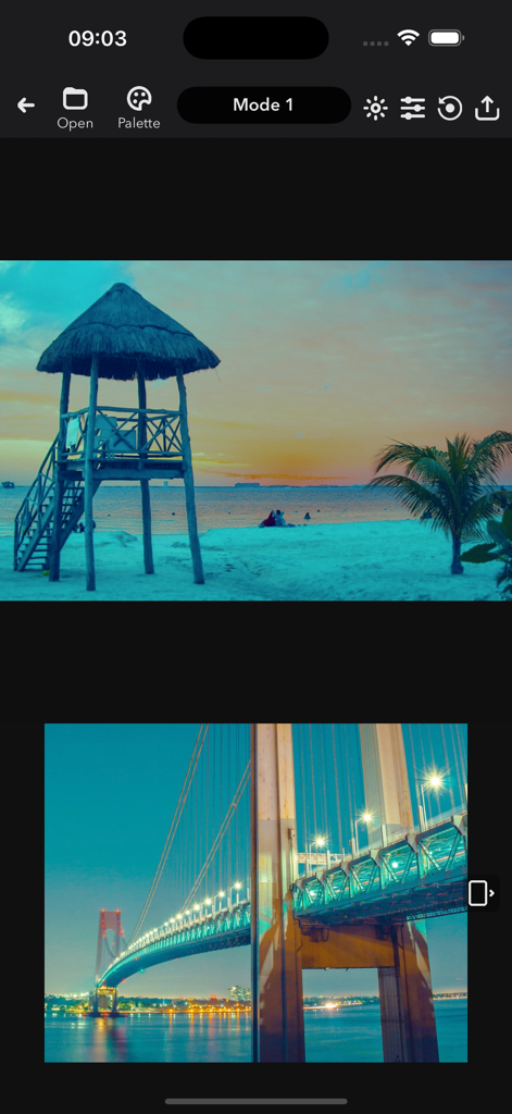 MatchColors AI - MatchColors AI app interface showing a sunset beach photo matched to the teal and orange tones of a bridge reference image