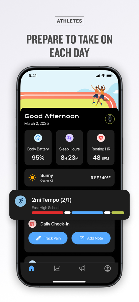 Tela do aplicativo Garmin Clipboard mostrando métricas de saúde do atleta, incluindo bateria corporal, sono e frequência cardíaca em repouso, juntamente com um treino de ritmo diário.
