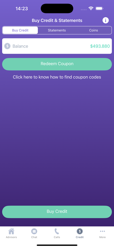 Live Psychic Chat - Interface of the Live Psychic Chat app showing the account balance and options to buy credit or redeem coupons.
