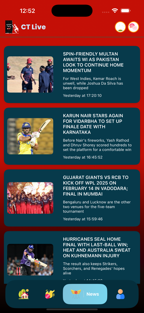 Pakistan Cricket Live - Écran des dernières nouvelles de cricket et des mises à jour de match dans l'application Pakistan Cricket Live