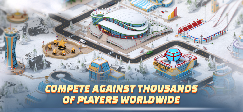 Luftaufnahme des Wintersport-Resorts und der Wettkampfarenen in Ski Jump Mania 3