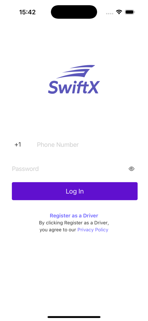SwiftX Driver - SwiftX Driver mobile App Anmeldeseite mit Eingabefeldern für Telefonnummer und Passwort