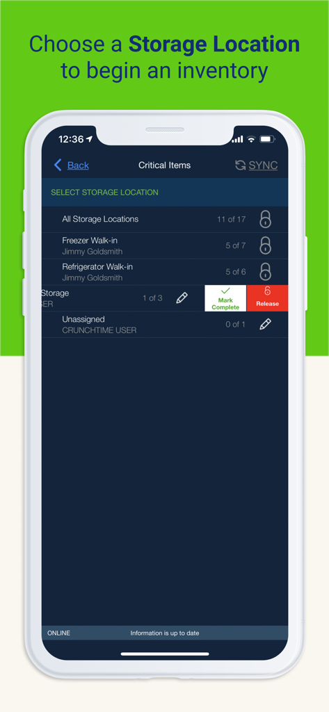 Crunchtime Counter - Crunchtime Counter app interface showing a list of storage locations like walk-in freezer and refrigerator to select for starting an inventory count