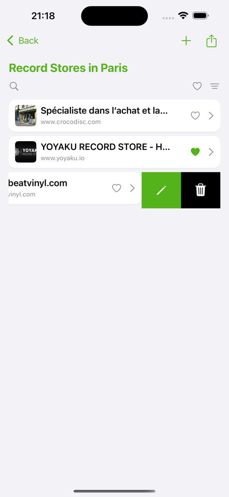Interface showing a collection of saved links with swipe-to-edit and delete options