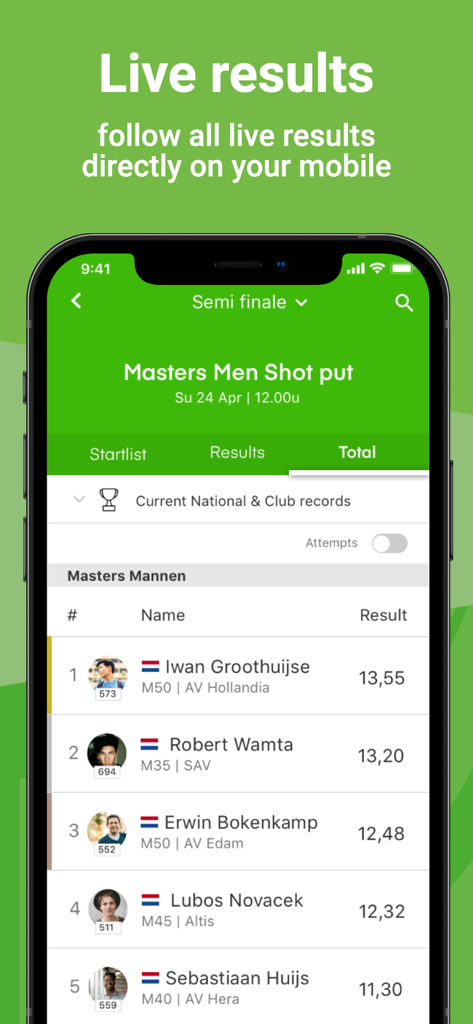 A smartphone screen displaying live results for a Masters Men shot put competition with a ranking of athletes and their scores.