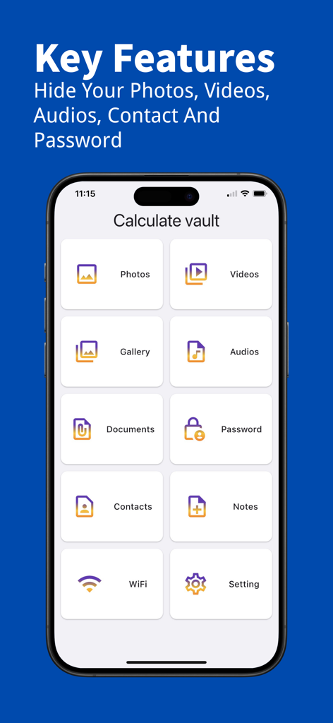 Calculator Vault - Privacy - A tela de recursos principais do aplicativo de privacidade Calculator Vault mostrando categorias para ocultar fotos, vídeos, senhas e contatos